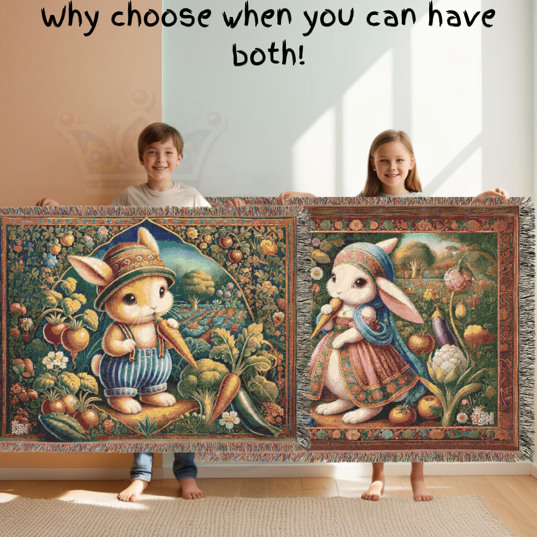 100% Cotton Woven Blanket - Male Bunny Eating Carrot Garden Patch