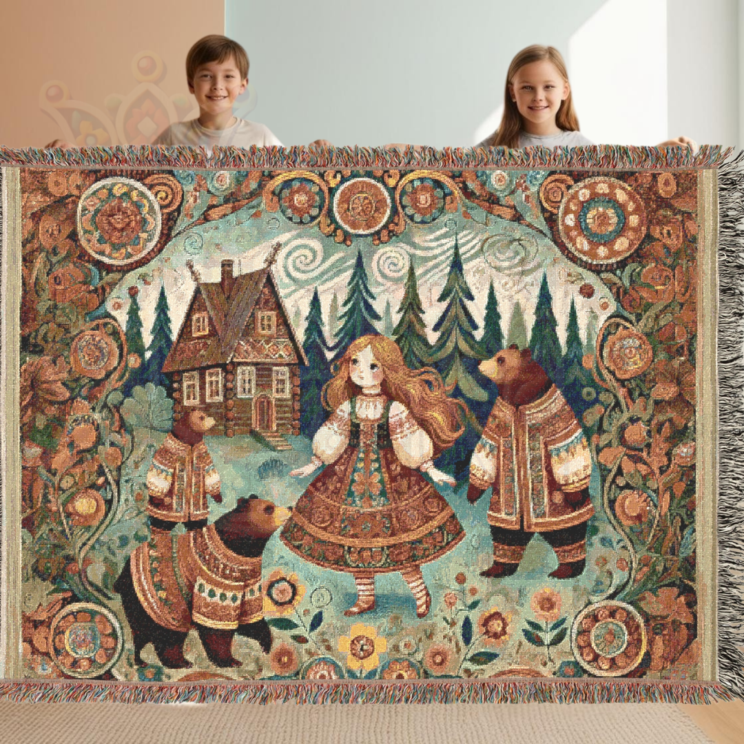 Goldilocks & Three Bears Woven Blanket – Cozy Folk Art Tapestry, 100% Cotton Fairytale Throw, Rustic Cottagecore Decor, Storybook Gift