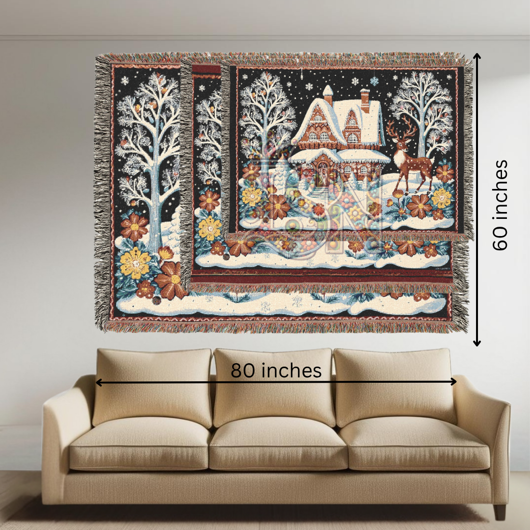 Enchanted Winter Cottage Whimsical Folk Art Snow Scene Woven Blanket – Cozy 100% Cotton Throw