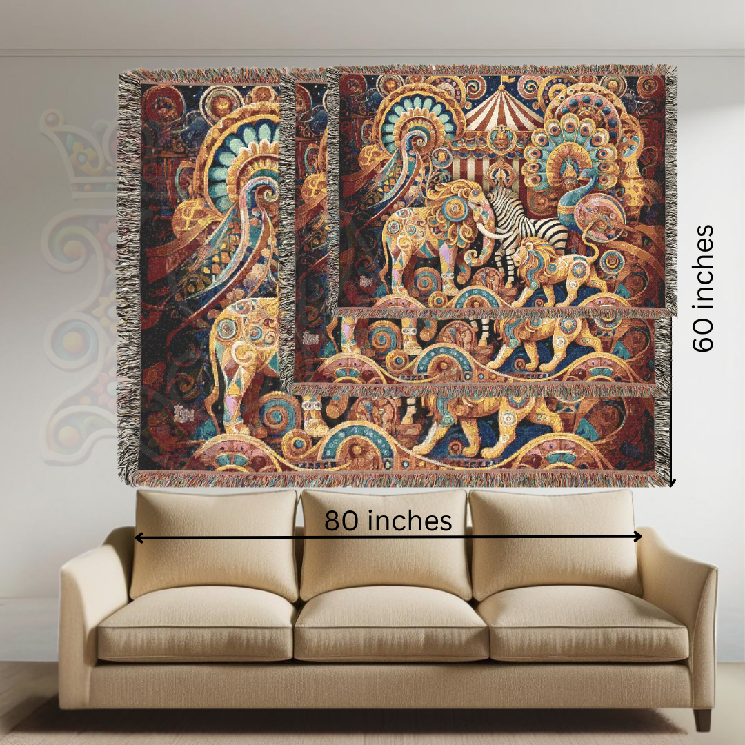 Vintage Circus Woven Blanket – Carnival-Inspired Throw, Boho Animal Tapestry, Ornate Elephant & Peacock Blanket, Whimsical Fairground Decor