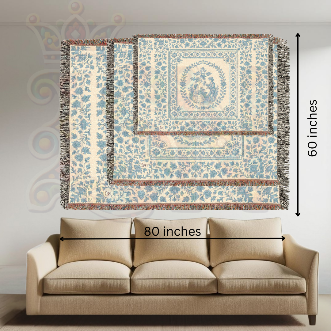 French Country Toile Woven Blanket – Blue & Cream Cotton Throw for Bed, Sofa or Wall Art – Romantic Tapestry Blanket Décor