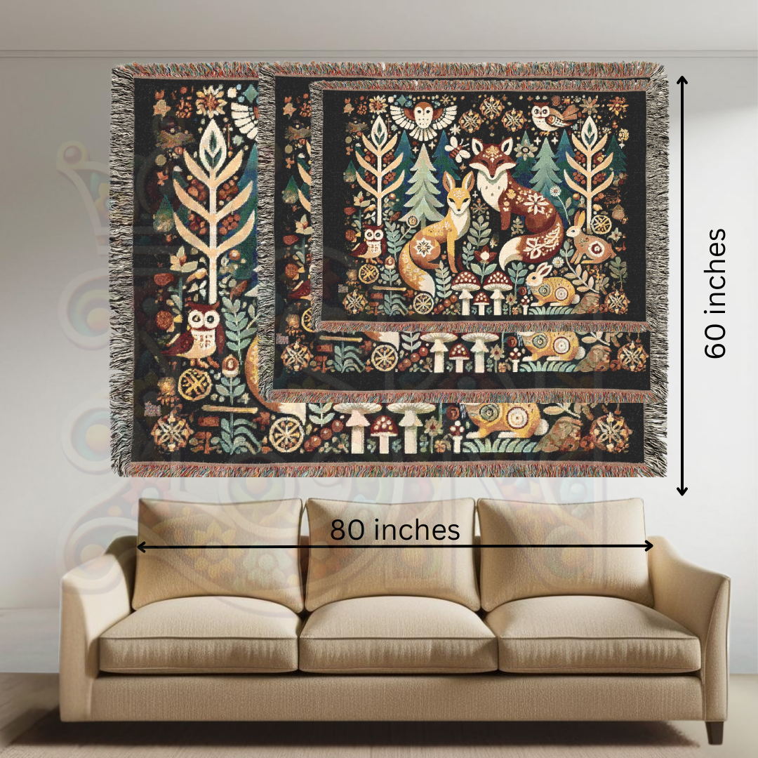 Cozy Woodland Fox Tapestry Blanket – Folk Art Forest Animals Woven Throw, Rustic Boho Nature-Inspired Decor, Perfect for Fox Lovers & Cabin Vibes