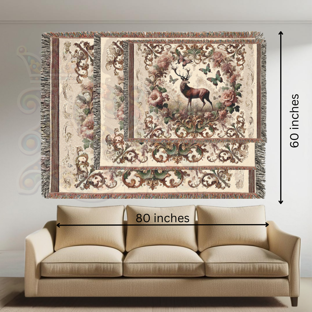 Vintage Deer Woven Blanket - 100% Cotton Throw | Regal Stag & Butterflies Tapestry | Victorian Baroque Nature Decor | Elegant Rustic Charm