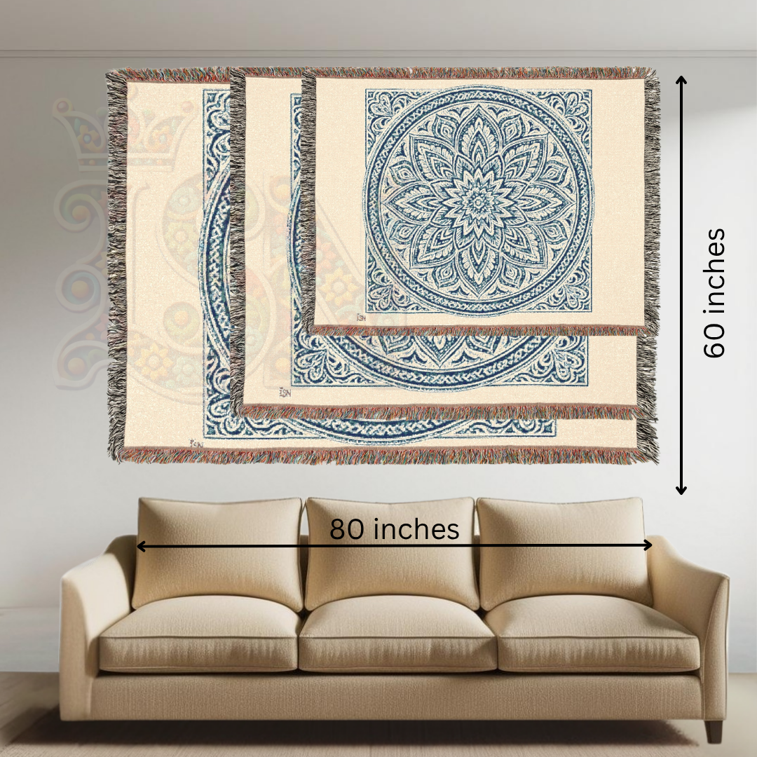 Serene Blue Mandala – Elegant Woven Cotton Throw Blanket with Intricate Floral Medallion Design