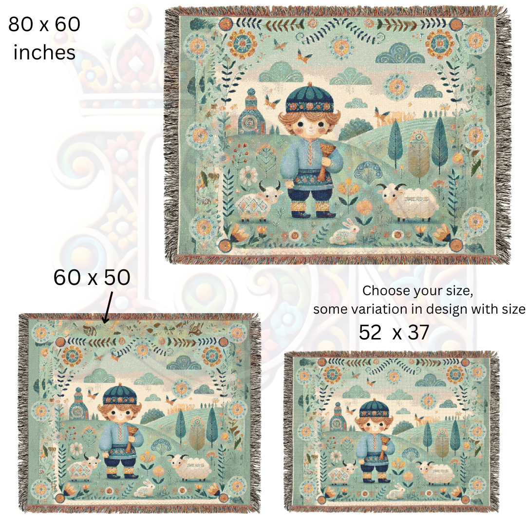Little Boy Blue Folk Art Shepherd Woven Blanket – 100% Cotton Tapestry Throw – Cottagecore Boy with Sheep & Village Scene, Cozy Farmhouse Decor