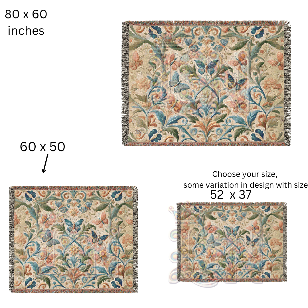 Fluttering Grace Pink & Blue Butterfly Folk Art Woven Blanket – Elegant Nature-Inspired Throw with Delicate Butterfly Motifs