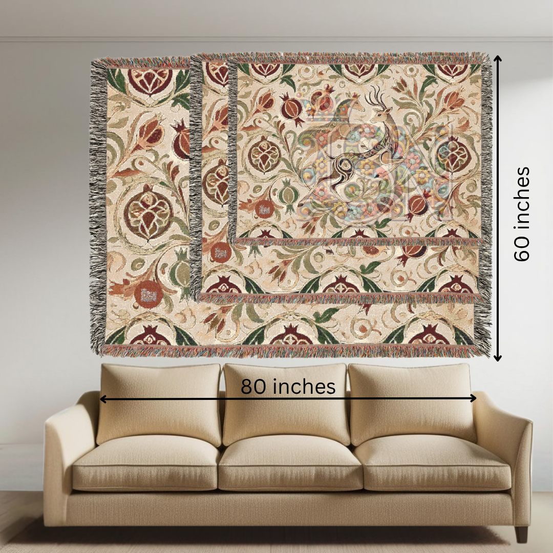 Regal Dance Crowned Stags & Pomegranates Woven Blanket – Noble Nature-Inspired Throw, Elegant Gift for Art Lovers