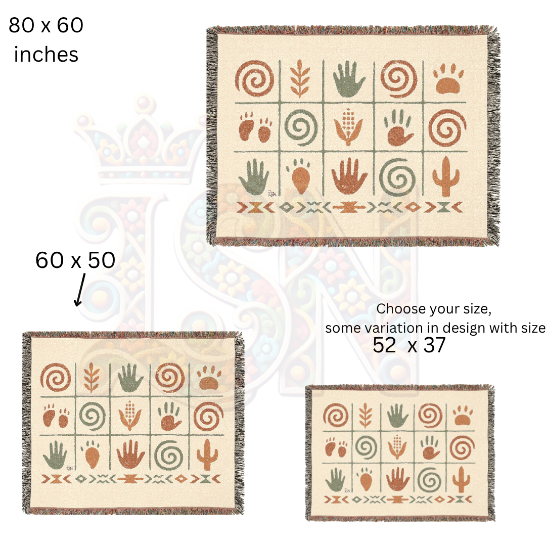 Ancient Echoes – Woven Blanket with Southwest-Inspired Hand, Spiral & Nature Symbols