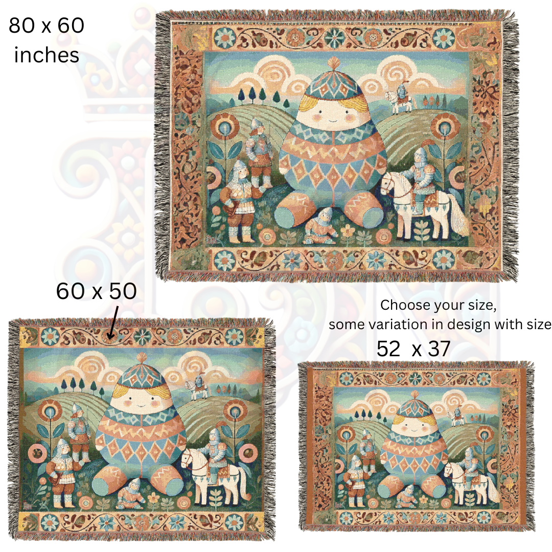 Humpty Dumpty & The Tiny Knights Woven Blanket, Fairytale Medieval Folk Art Throw – 100% Cotton Cozy Tapestry