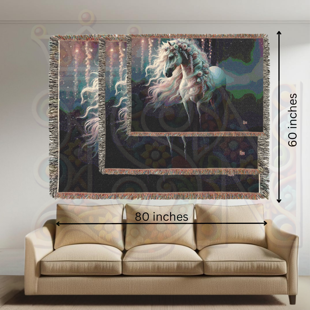 Magical Horse Woven Blanket – Fantasy Tapestry Throw – Mystical Horse with Floral Mane – Fairy Tale-Inspired Decor – Cozy Cottagecore & Gothic Aesthetic
