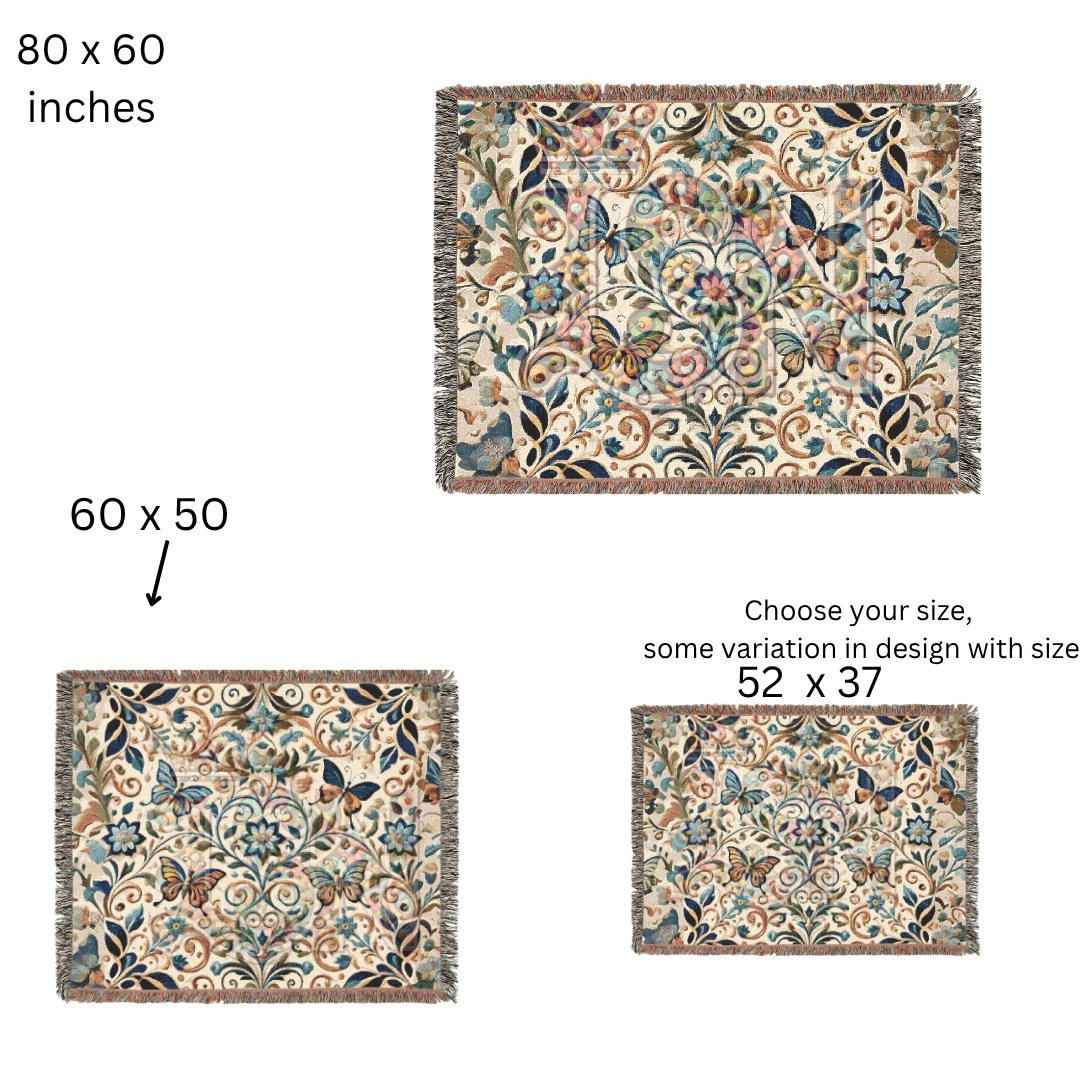 Garden Whispers Blue Butterfly Folk Art Woven Blanket – Serene Nature-Inspired Throw with Elegant Butterflies & Floral Motifs