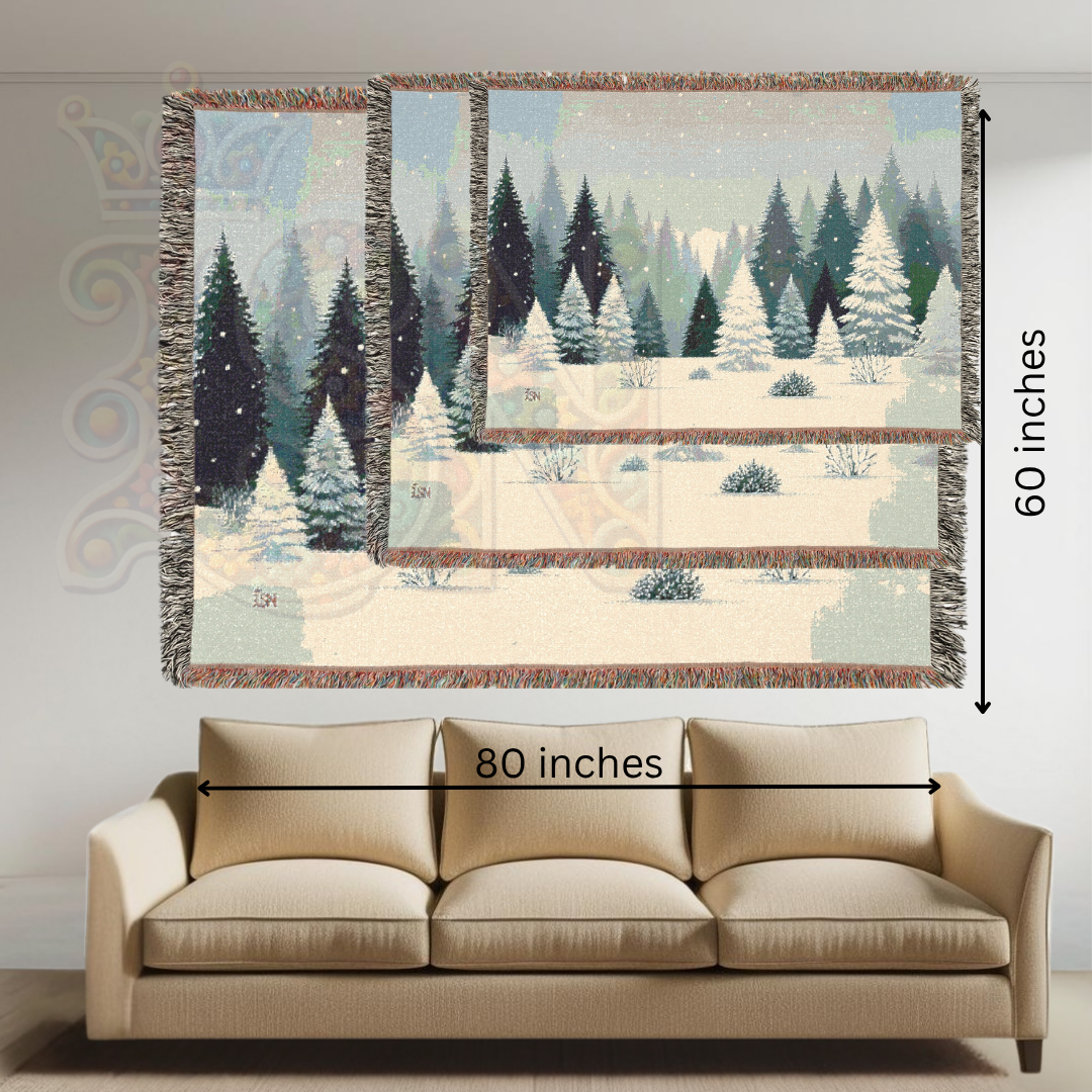 Snowy Forest Winter Woven Blanket – Cozy Snow-Covered Pines Tapestry Throw, Serene Nordic Winter Landscape for Home Decor