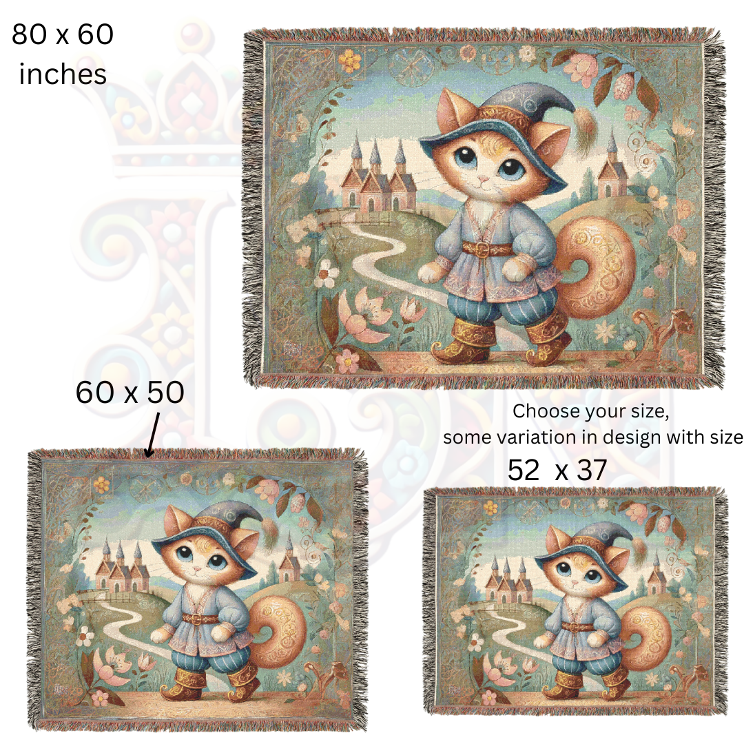 Whimsical Cat Woven Blanket – Fairytale Male Feline in Medieval Village | Cozy Storybook Tapestry Throw for Cottagecore & Boho Home Decor