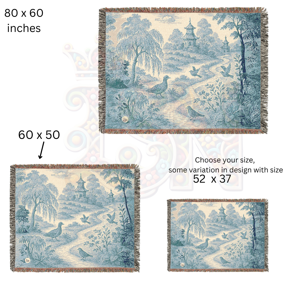 Pagoda Path Garden Woven Blanket – Blue Toile Tapestry Throw with Birds & Willow Trees – 100% Cotton Tranquil Landscape Wall Art