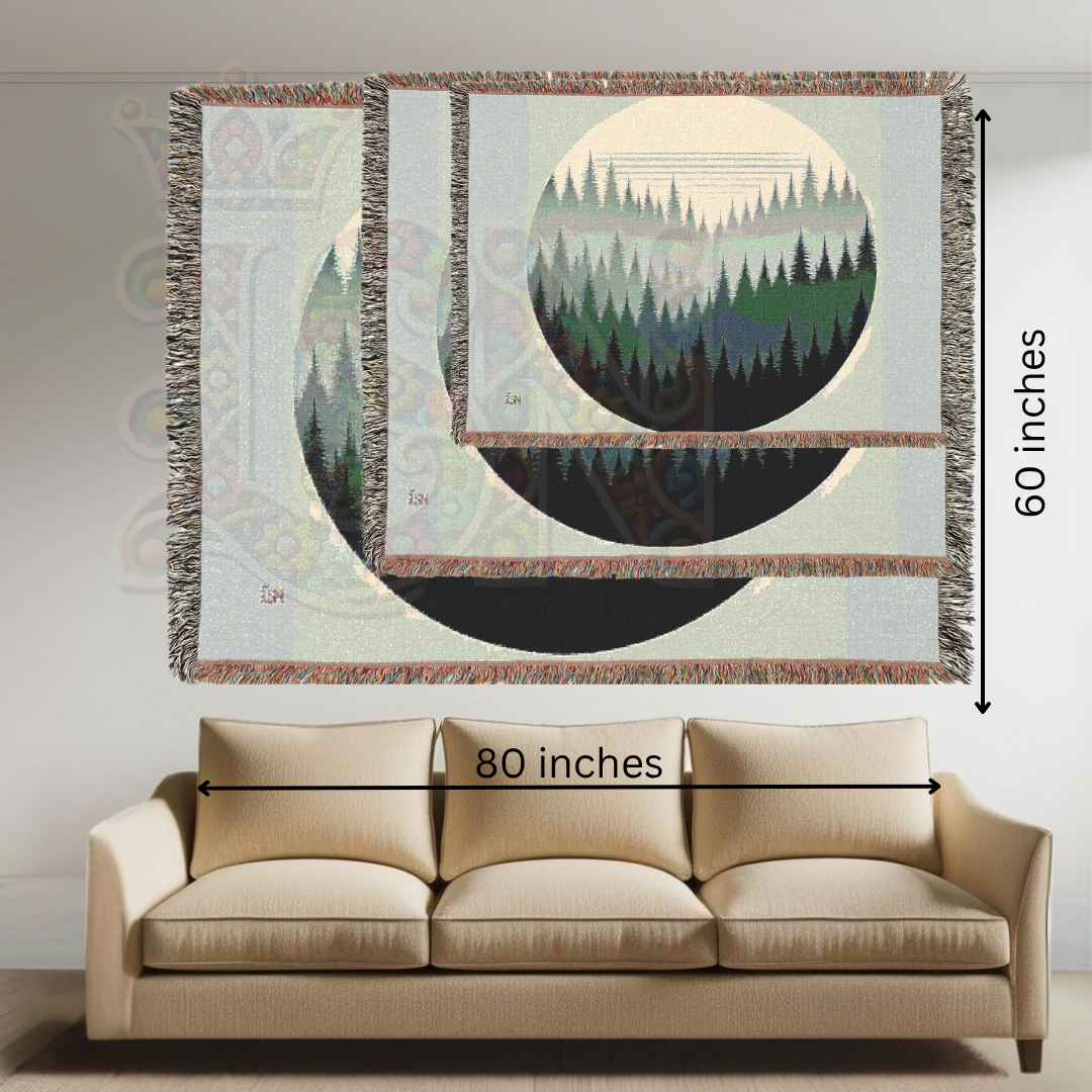 Forest Circle Minimalist Woven Blanket, Layered Woodland Pines Cozy Throw, Nature Inspired Home Decor Gift