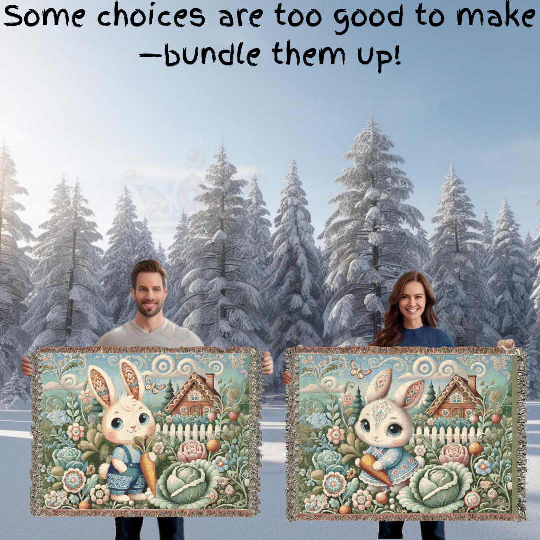 Whimsical Cottagecore Female Bunny Blanket, 100% Cotton Woven Throw – Cozy Fairy Tale Rabbit & Floral Farmhouse Tapestry