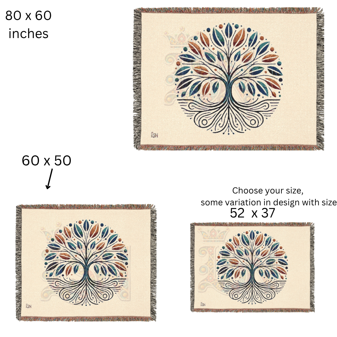 Tree of Life Woven Throw Blanket – Nature-Inspired Cotton Tapestry in Blue & Rust