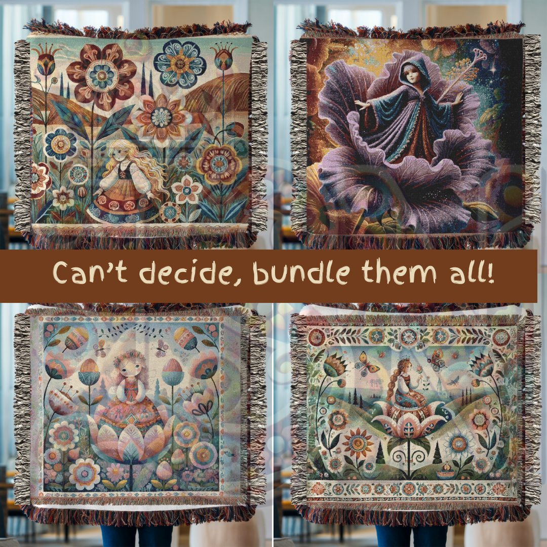 Folk Art Woven Blanket – Golden-Haired Maiden in an Enchanted Floral Field | Boho Nordic Storybook Tapestry Throw for Cozy Home Decor