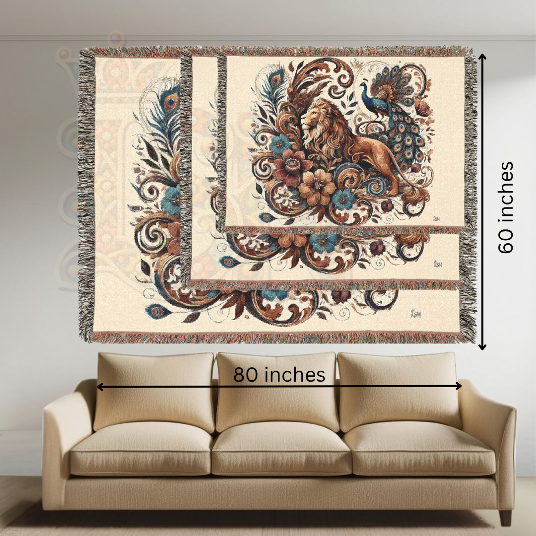 Regal Companions – Woven Blanket with Baroque Lion, Peacock & Floral Scrolls