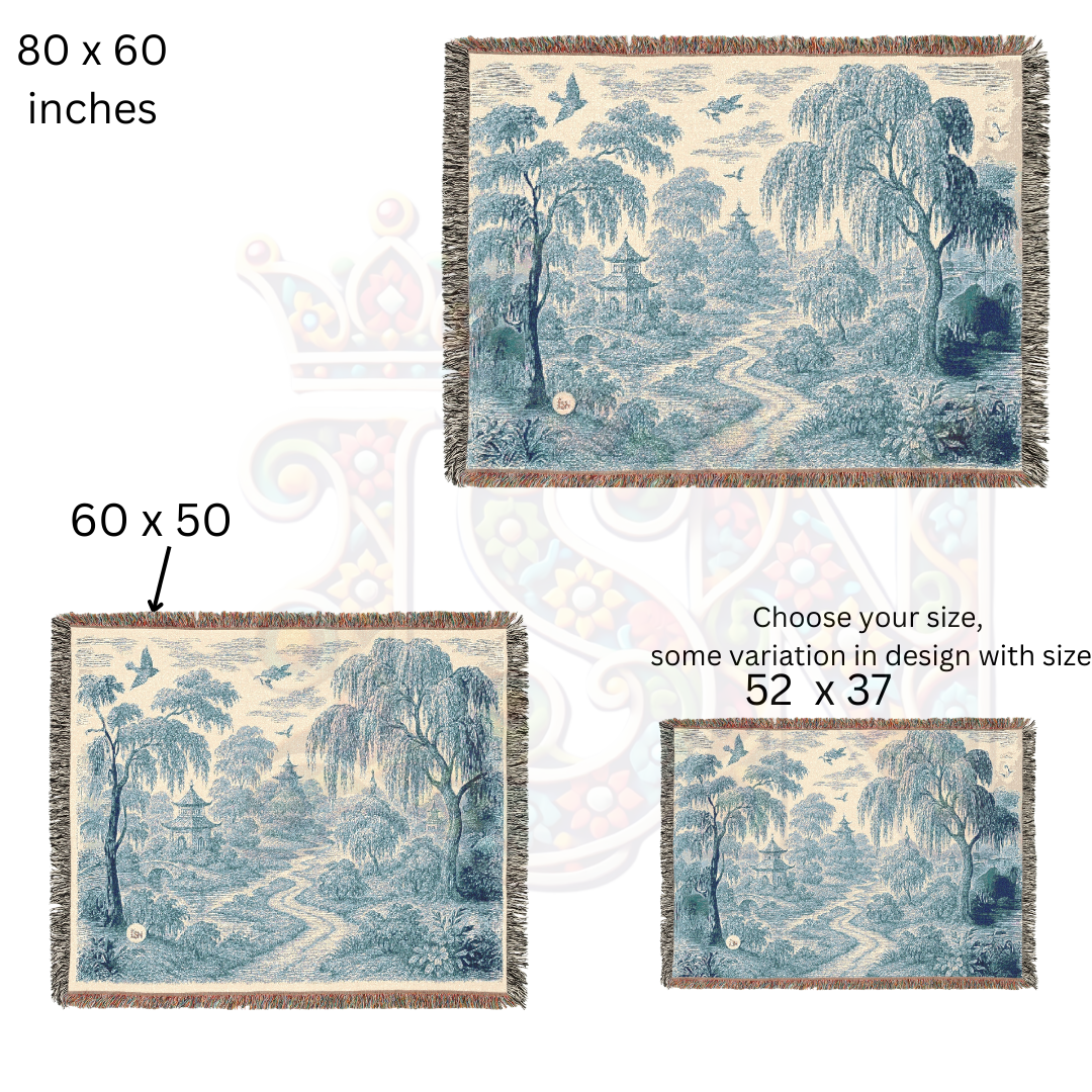Pagoda Garden Woven Blanket – Blue Willow Landscape Tapestry Throw with Trees, Birds & Stream – 100% Cotton Calm & Serene Decor