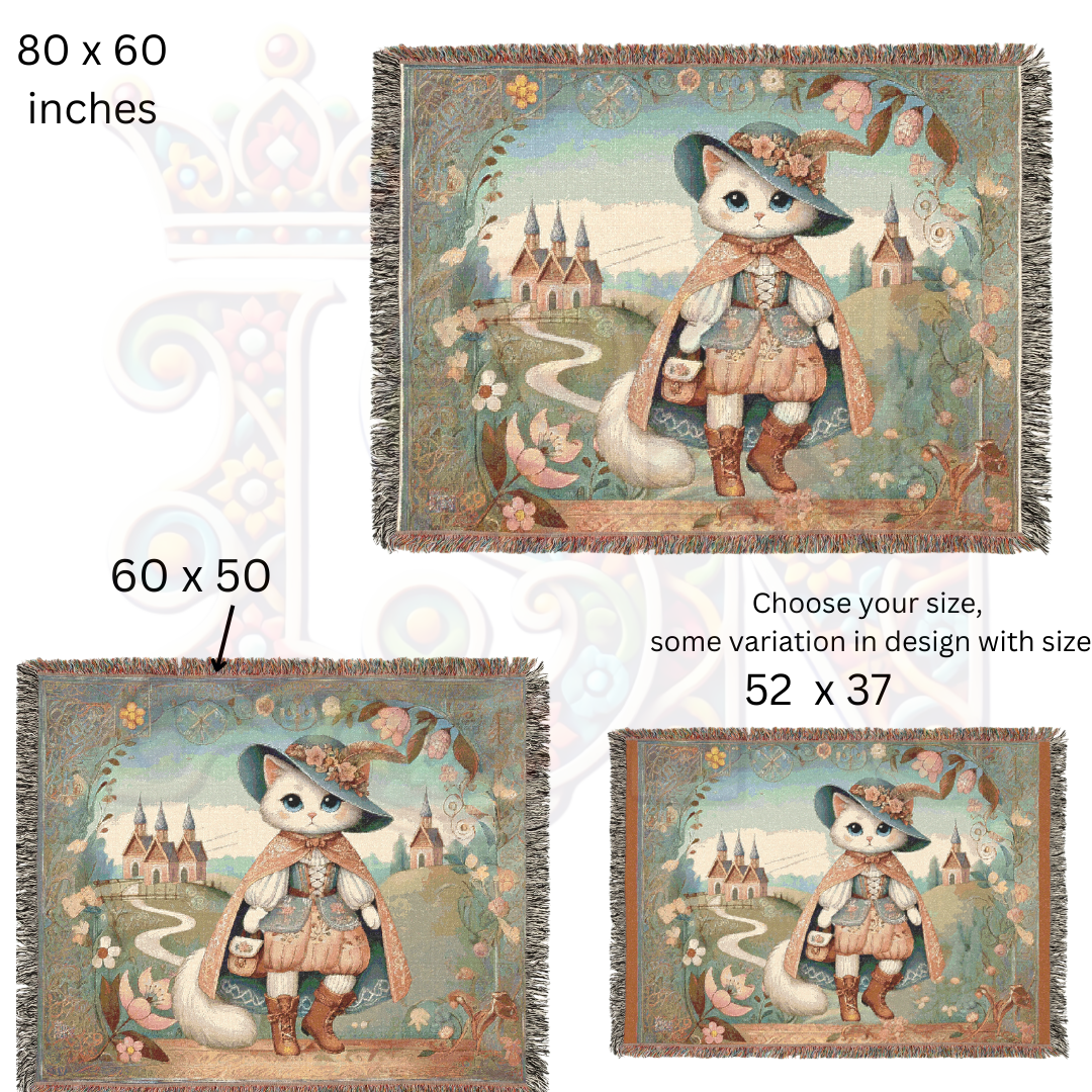 Whimsical Puss in Boots Cat Blanket – Fairytale-Inspired Tapestry Throw, Cottagecore Home Decor, Storybook Cozy Gift for Cat Lovers