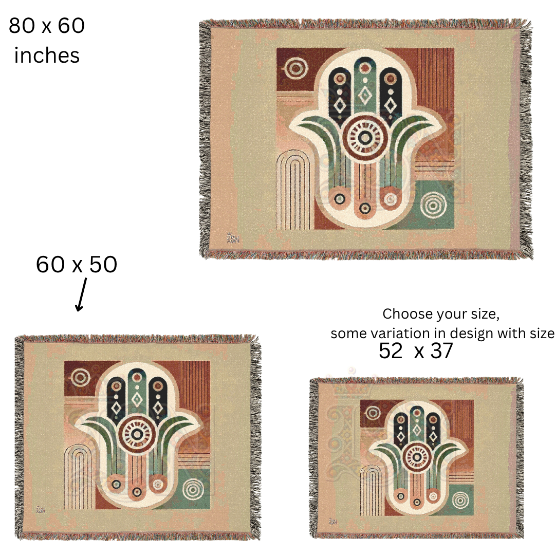 Hand Hamsa Folk Art Woven Blanket – Symbolic Hand of Protection & Peace Throw