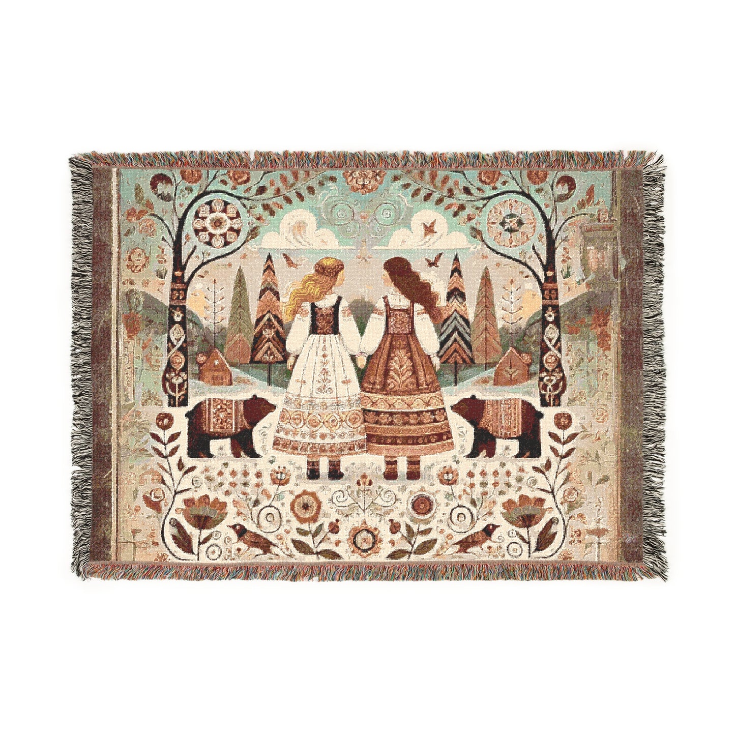 Whimsical Folk Art Woven Blanket – Nordic Sisters & Bears Tapestry Throw | Cozy Cottagecore, Fairytale Home Decor, & Storytelling Art