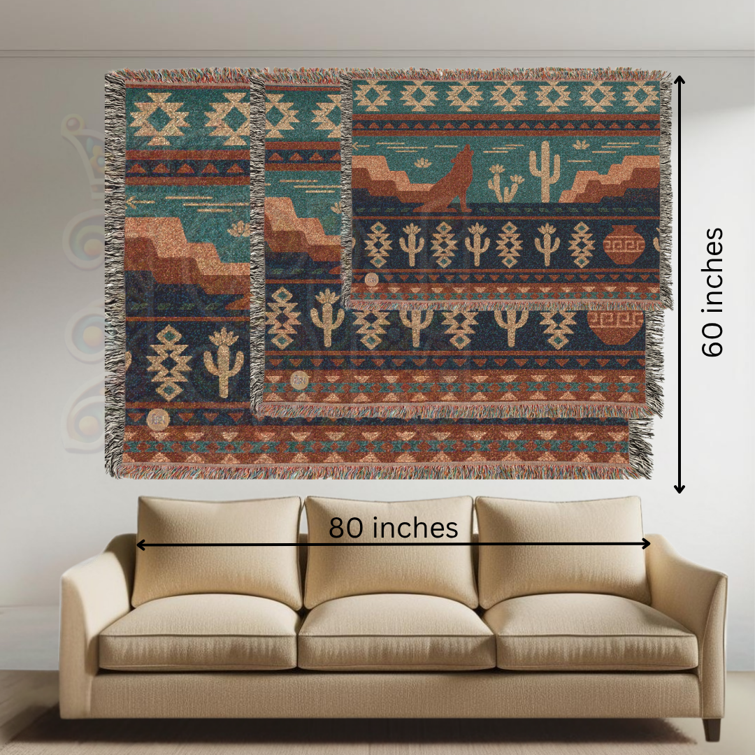 Desert Song – Southwestern Coyote & Cactus Woven Blanket with Folk Pattern