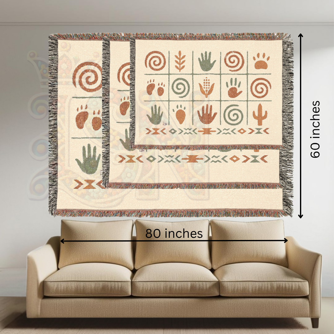 Ancient Echoes – Woven Blanket with Southwest-Inspired Hand, Spiral & Nature Symbols
