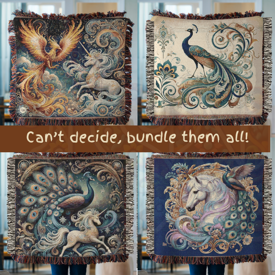 Regal Companions – Woven Blanket with Baroque Lion, Peacock & Floral Scrolls