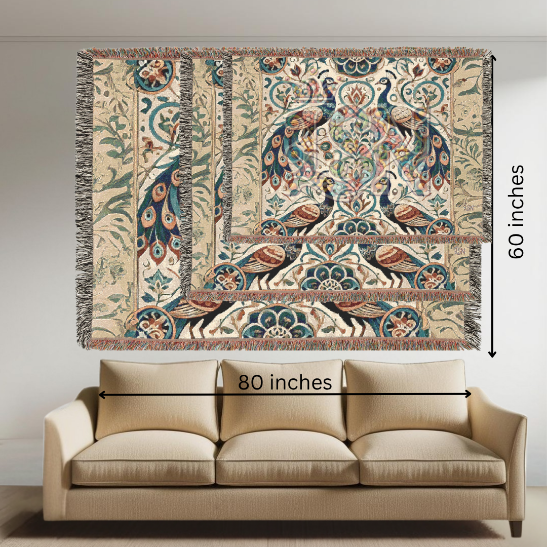 Elegant Peacock Pair Folk Art Woven Blanket – Timeless Beauty & Grace Throw