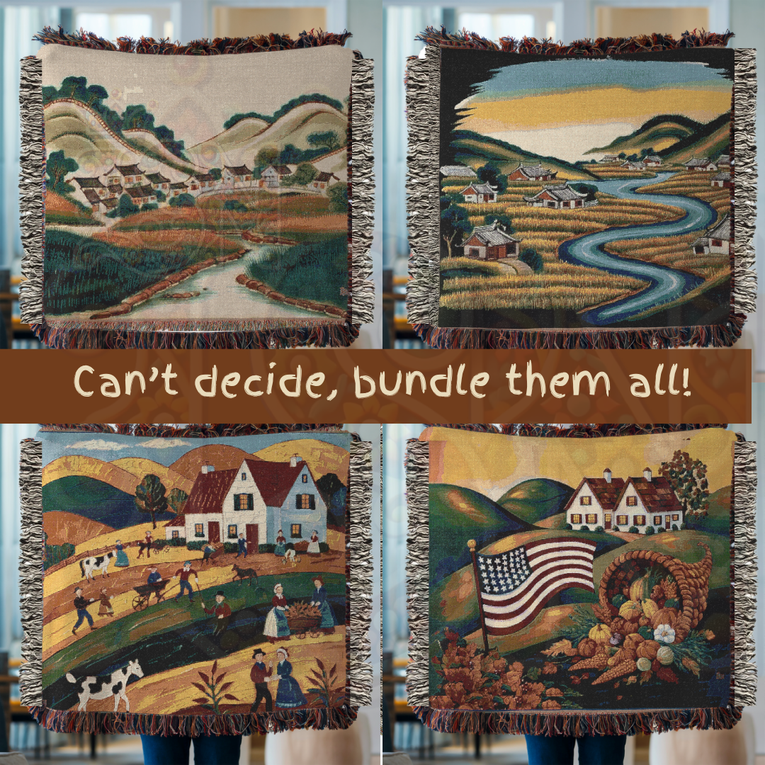 Valley of Harmony – Asian Korean Landscape Woven Blanket with Hillside Village Scene