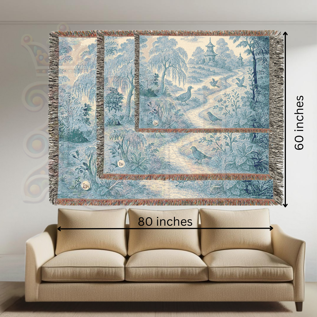 Pagoda Path Garden Woven Blanket – Blue Toile Tapestry Throw with Birds & Willow Trees – 100% Cotton Tranquil Landscape Wall Art
