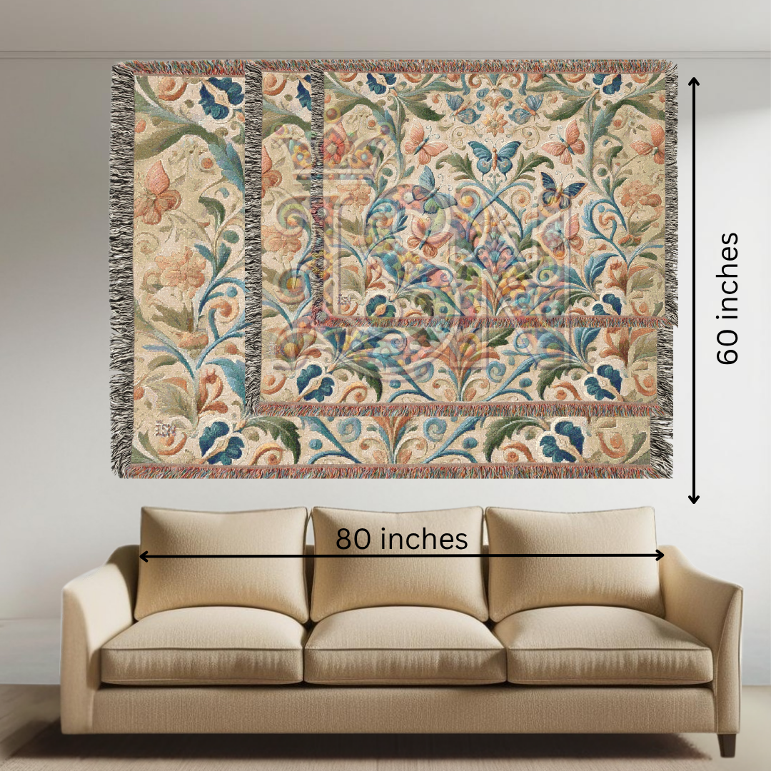 Fluttering Grace Pink & Blue Butterfly Folk Art Woven Blanket – Elegant Nature-Inspired Throw with Delicate Butterfly Motifs