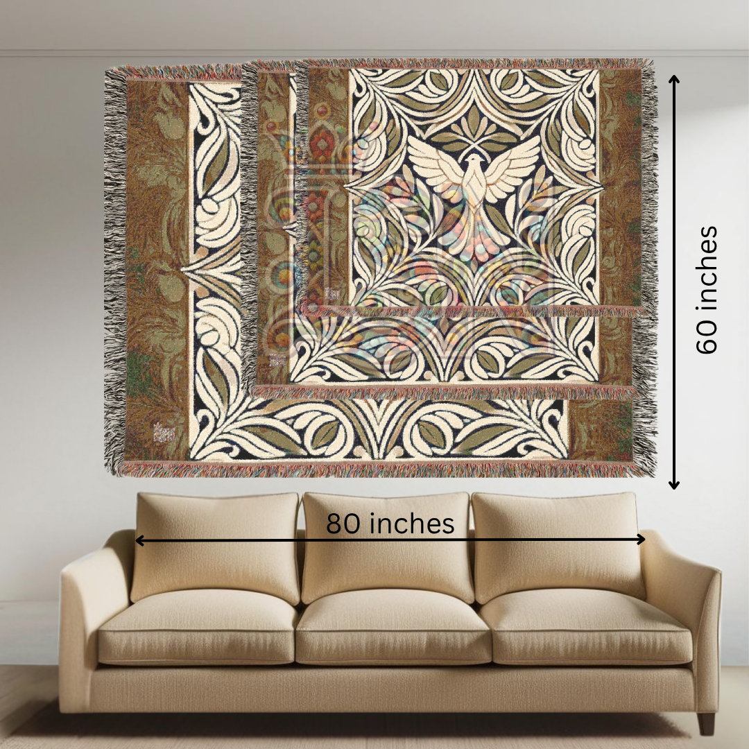 Graceful Flight Folk Art Dove Woven Blanket – Majestic Peace Symbol Throw with Ornate Nature Design