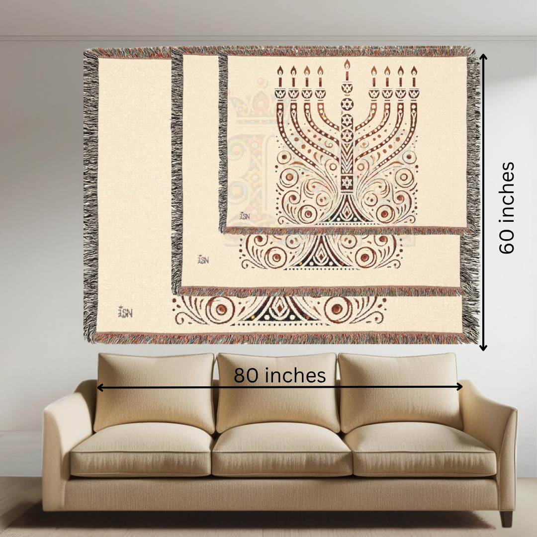 Radiant Menorah Folk Art Woven Blanket – Hanukkah Symbol of Light & Tradition Throw