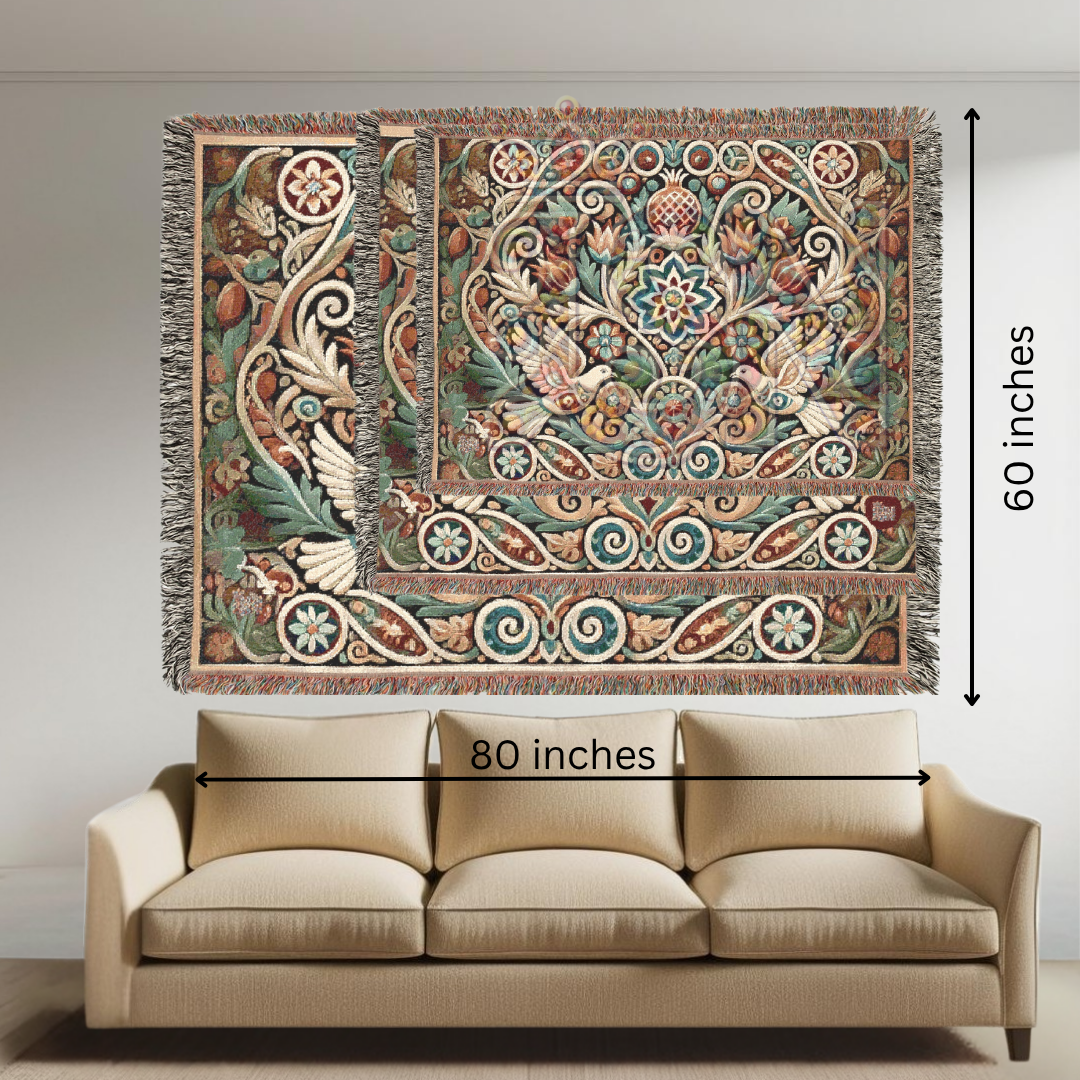 Peaceful Harmony Folk Art Dove Woven Blanket – Elegant Ornate Throw with Symbolic Doves & Garden Motifs
