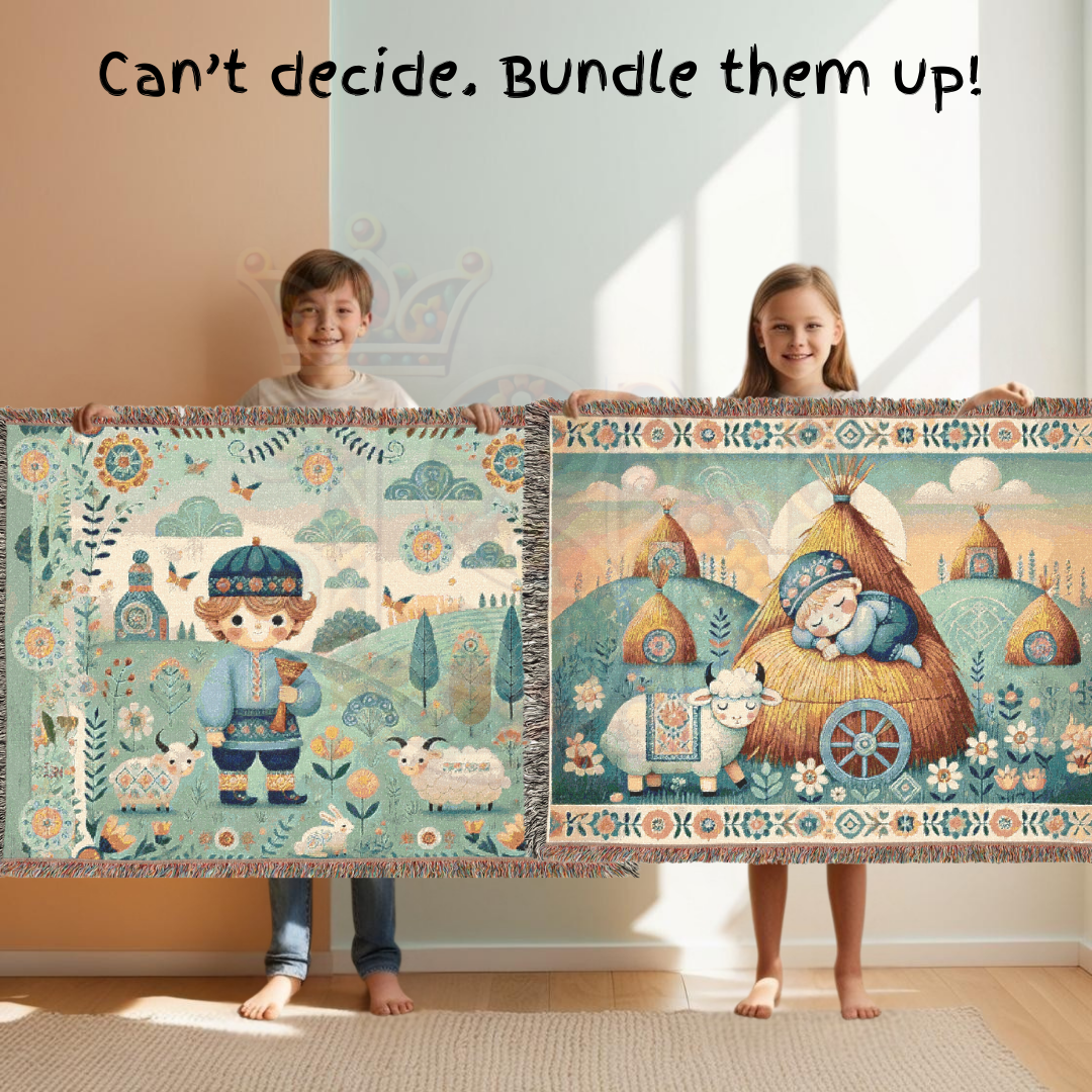 Little Boy Blue Folk Art Shepherd Woven Blanket – 100% Cotton Tapestry Throw – Cottagecore Boy with Sheep & Village Scene, Cozy Farmhouse Decor