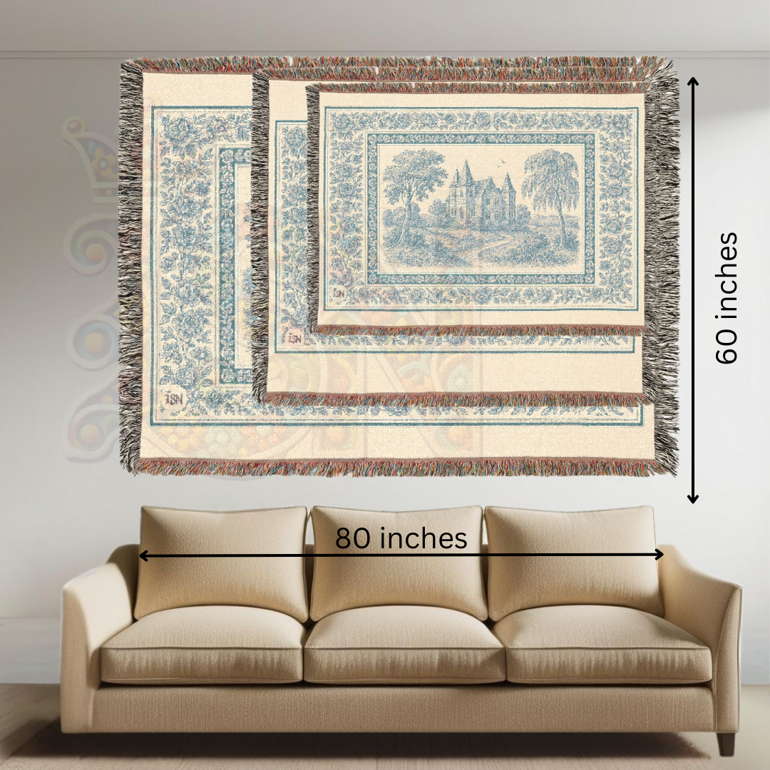 French Chateau Woven Blanket – Blue Toile Cotton Throw or Wall Tapestry with Floral Border & Manor Scene – Elegant Storybook Decor