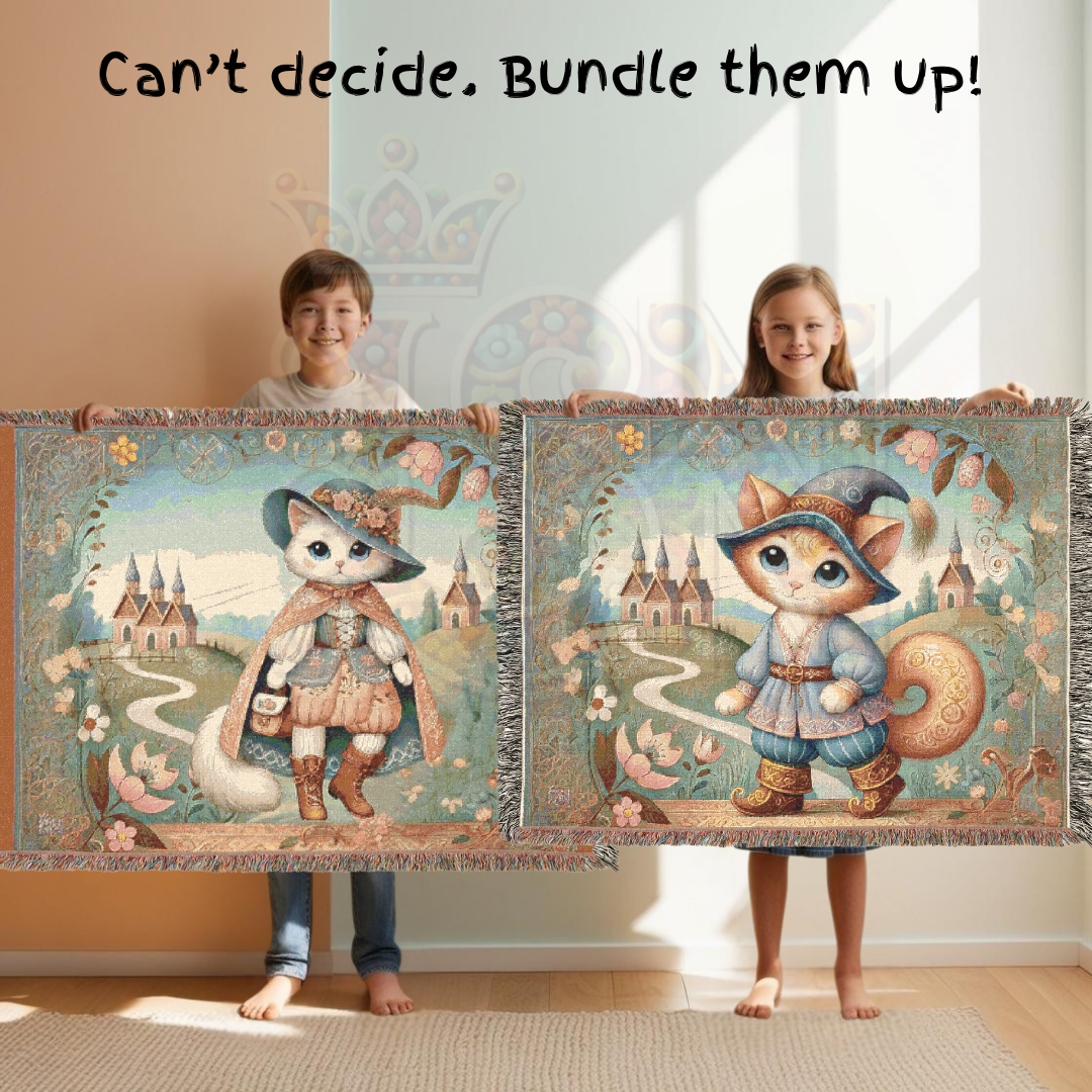 Whimsical Cat Woven Blanket – Fairytale Male Feline in Medieval Village | Cozy Storybook Tapestry Throw for Cottagecore & Boho Home Decor