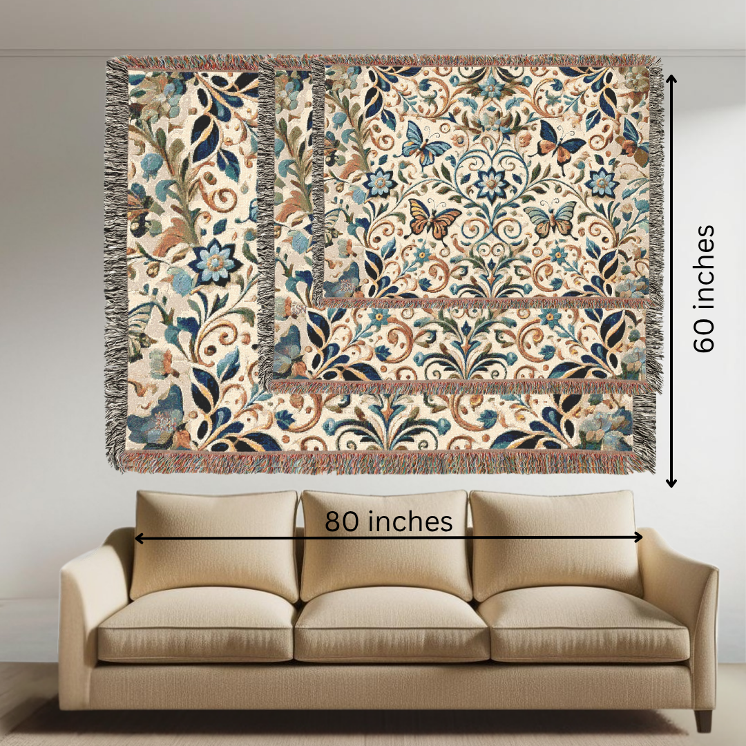 Garden Whispers Blue Butterfly Folk Art Woven Blanket – Serene Nature-Inspired Throw with Elegant Butterflies & Floral Motifs