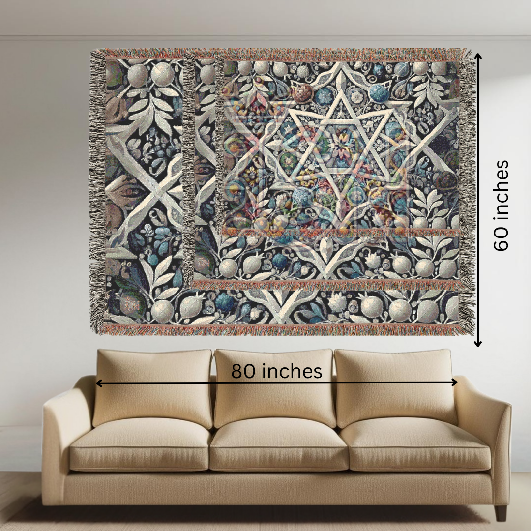 Star of David Woven Throw Blanket – Pomegranate & Floral Jewish Heritage Tapestry