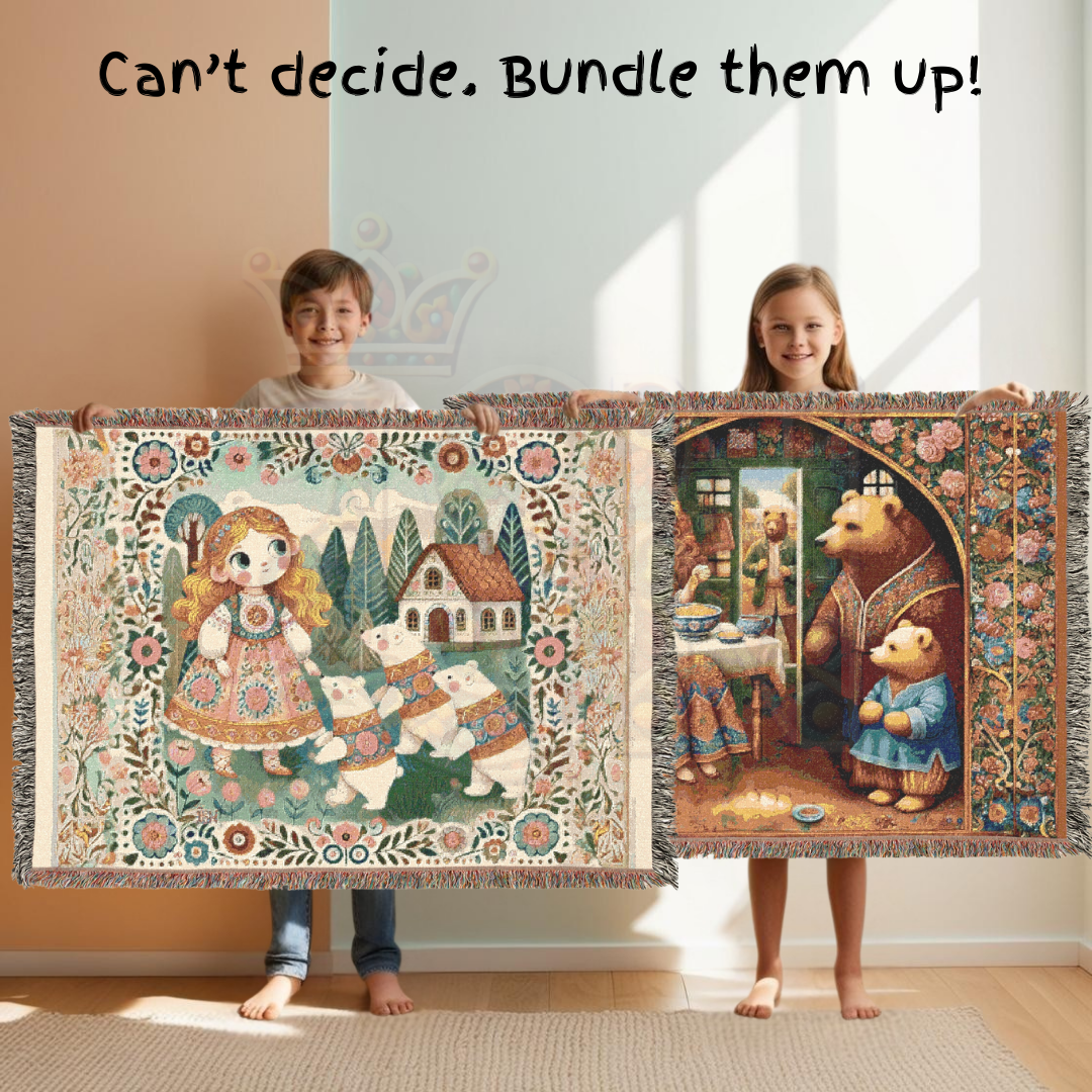 Goldilocks & Three Bears Woven Blanket – Cozy Folk Art Tapestry, 100% Cotton Fairytale Throw, Rustic Cottagecore Decor, Storybook Gift