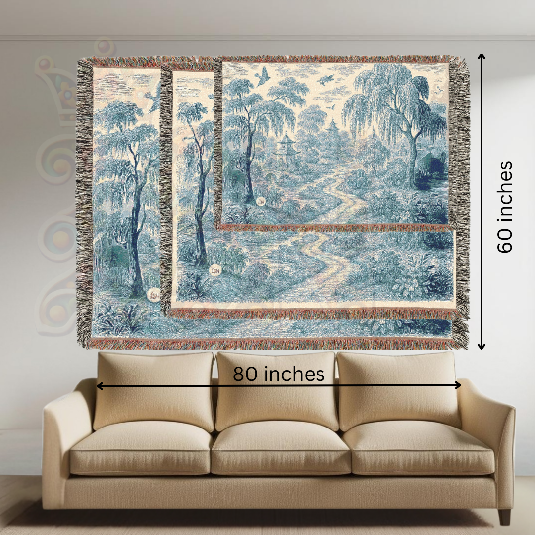 Pagoda Garden Woven Blanket – Blue Willow Landscape Tapestry Throw with Trees, Birds & Stream – 100% Cotton Calm & Serene Decor