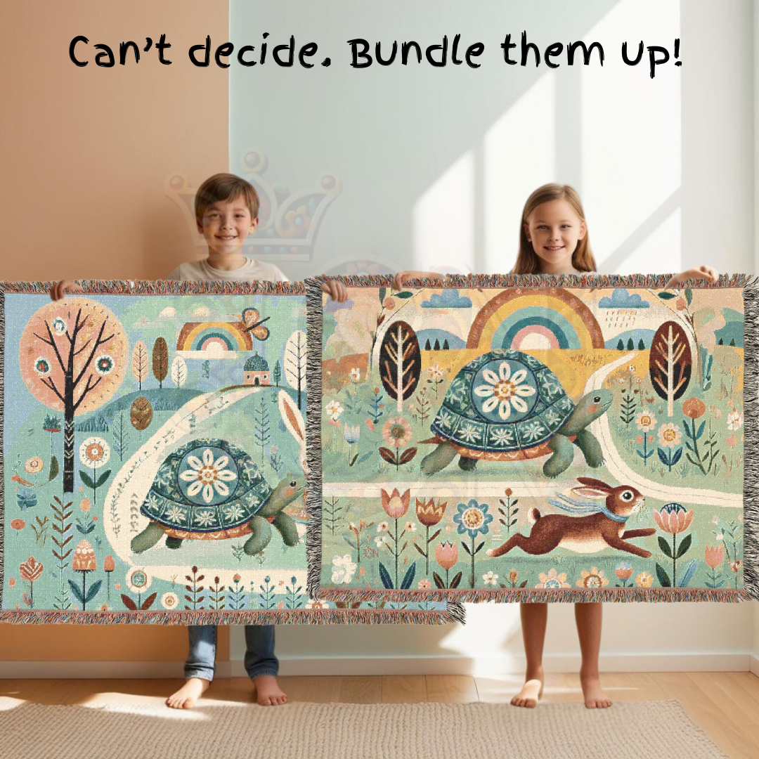 Tortoise and Hare Woven Blanket - 100% Cotton Fable Throw - Aesop’s Storybook Tapestry - Woodland Nursery Decor - Whimsical Folk Art