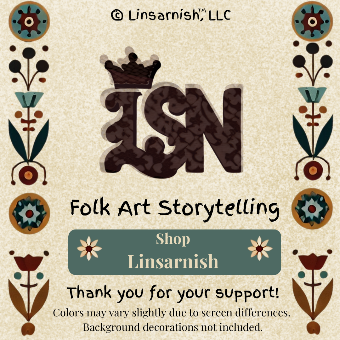 Folk art design with 'LSN' logo and decorative elements on a beige background, featuring the brand Linsarnish, LLC.