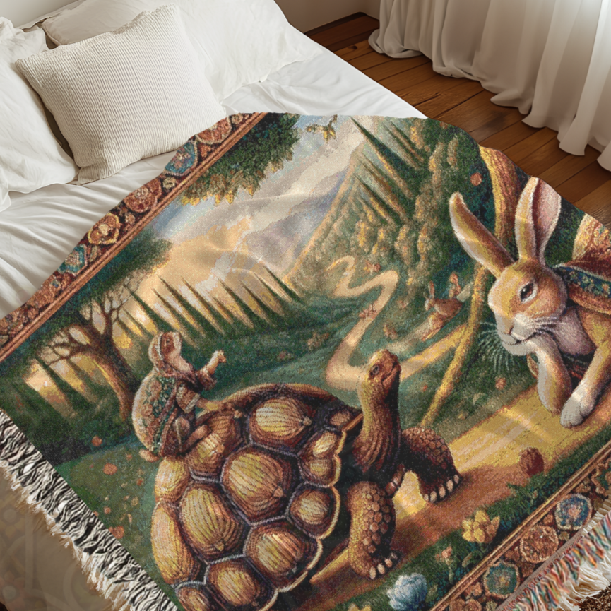 Tortoise and Hare Woven Blanket - 100% Cotton Fable Throw - Aesop’s Storybook Tapestry - Woodland Nursery Decor - Whimsical Folk Art