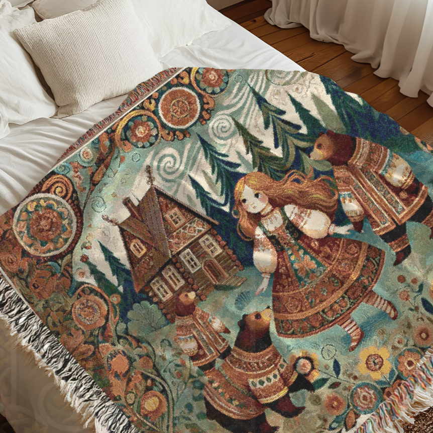 Goldilocks & Three Bears Woven Blanket – Cozy Folk Art Tapestry, 100% Cotton Fairytale Throw, Rustic Cottagecore Decor, Storybook Gift