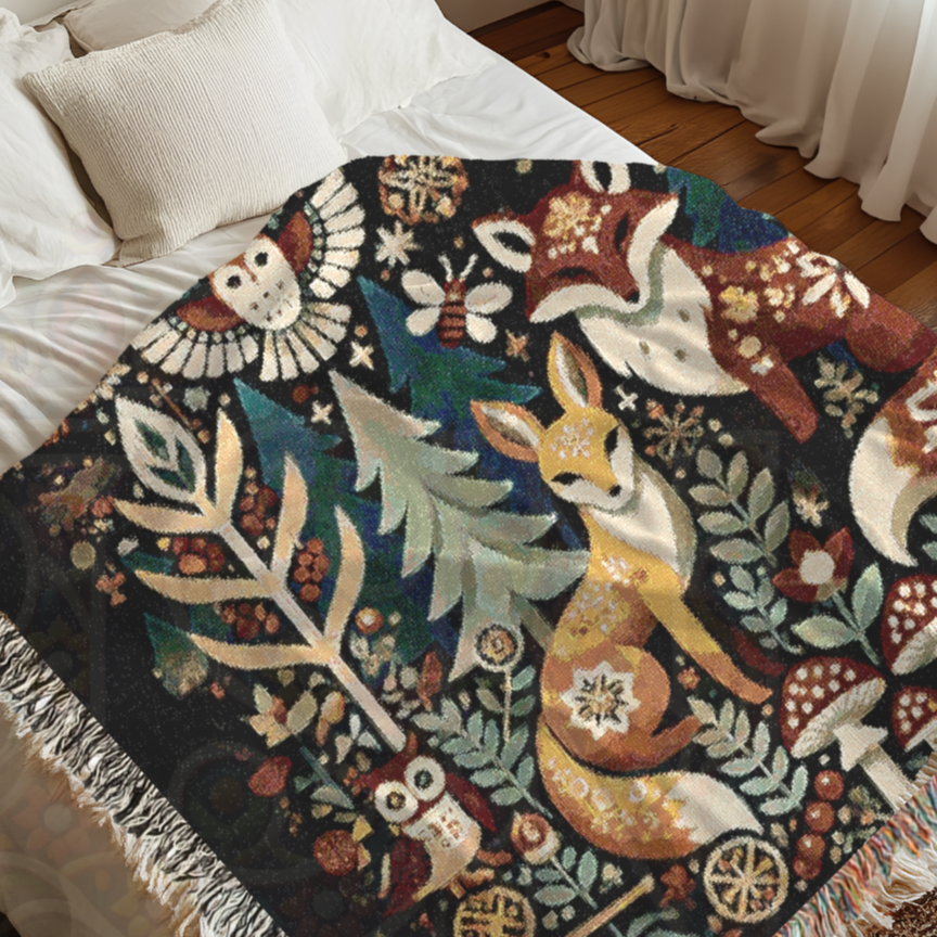 Cozy Woodland Fox Tapestry Blanket – Folk Art Forest Animals Woven Throw, Rustic Boho Nature-Inspired Decor, Perfect for Fox Lovers & Cabin Vibes