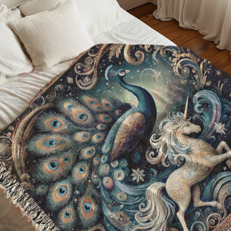 Peacock & Unicorn Woven Blanket | 100% Cotton Fantasy Tapestry | Gothic Fairytale Throw | Celestial Art Decor | Enchanted Cozy Gift